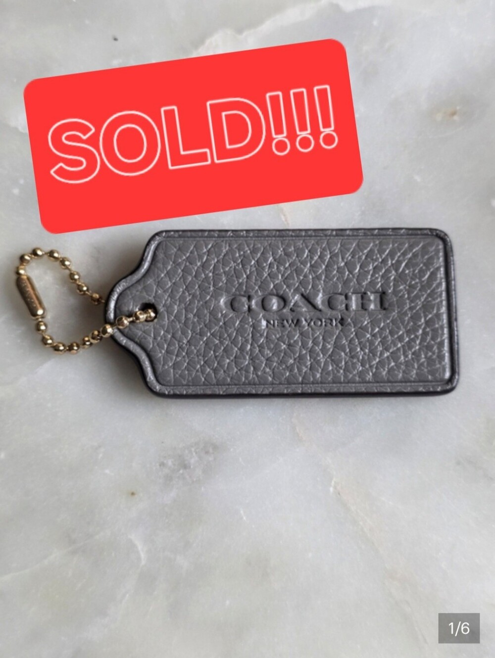 Coach Large Gray Pebbled Leather Hangtag with Gold Ball Chain